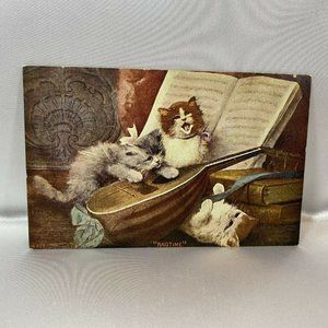 Vintage Cat Postcard Orange Gray Cat Music Singing